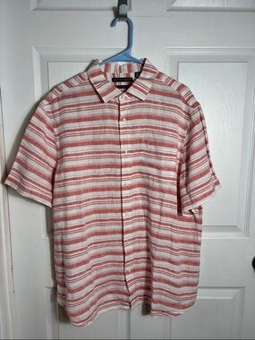 Saks Fifth Avenue Linen Shirt XL Rust Red White Striped